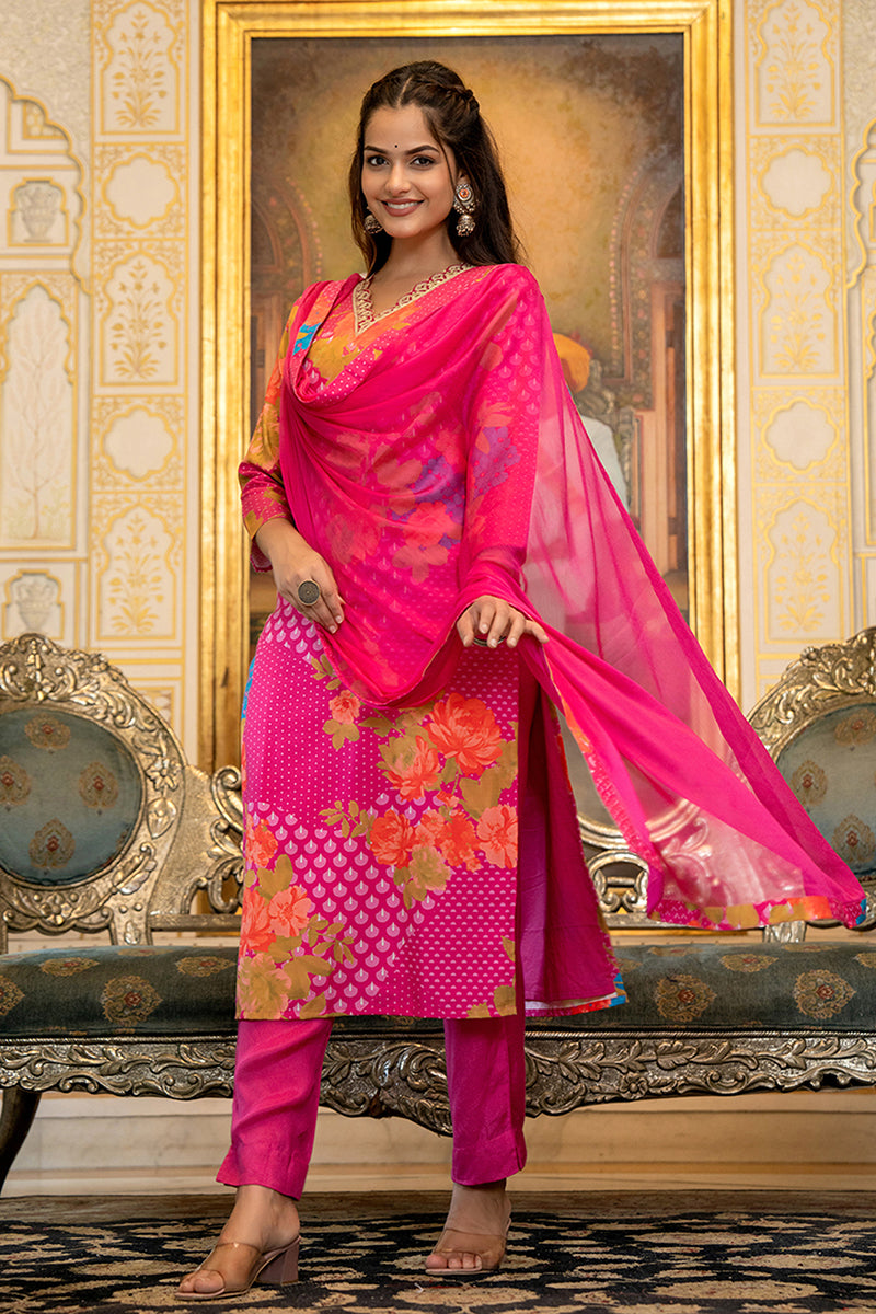 Pink Silk Blend Floral Printed Straight Suit Set With Trouser Bottom PKSKD2703