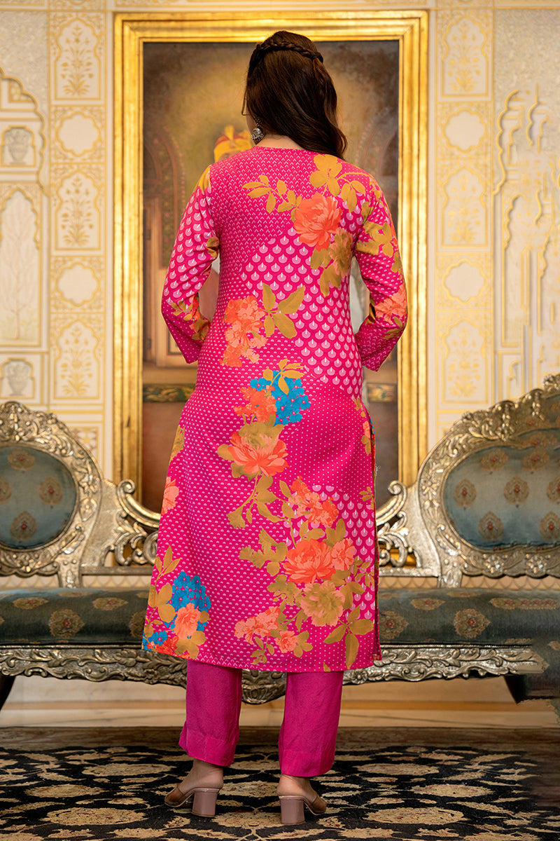 Pink Silk Blend Floral Printed Straight Suit Set With Trouser Bottom PKSKD2703