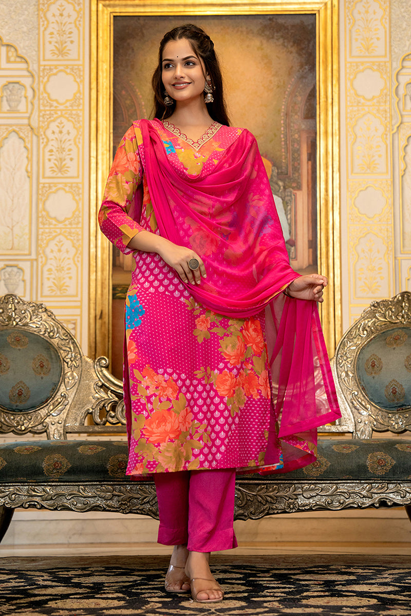 Pink Silk Blend Floral Printed Straight Suit Set With Trouser Bottom PKSKD2703