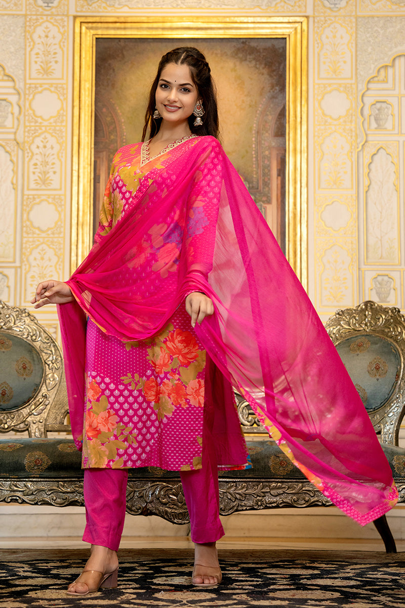 Pink Silk Blend Floral Printed Straight Suit Set With Trouser Bottom PKSKD2703