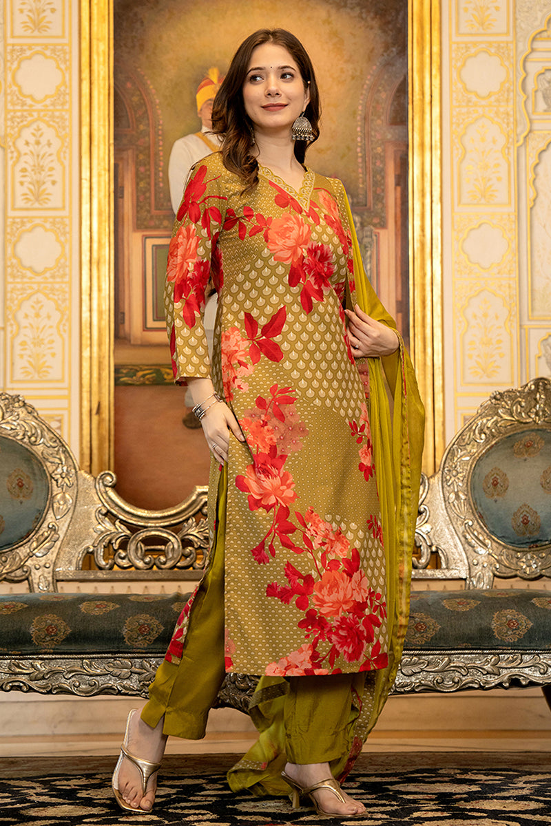 Green Silk Blend Floral Printed Straight Suit Set With Trouser Bottom PKSKD2704