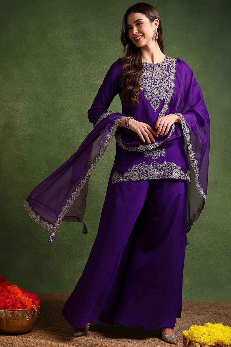 Purple Silk Blend Solid Embroidered Straight Palazzo Suit Set PKSKD2706