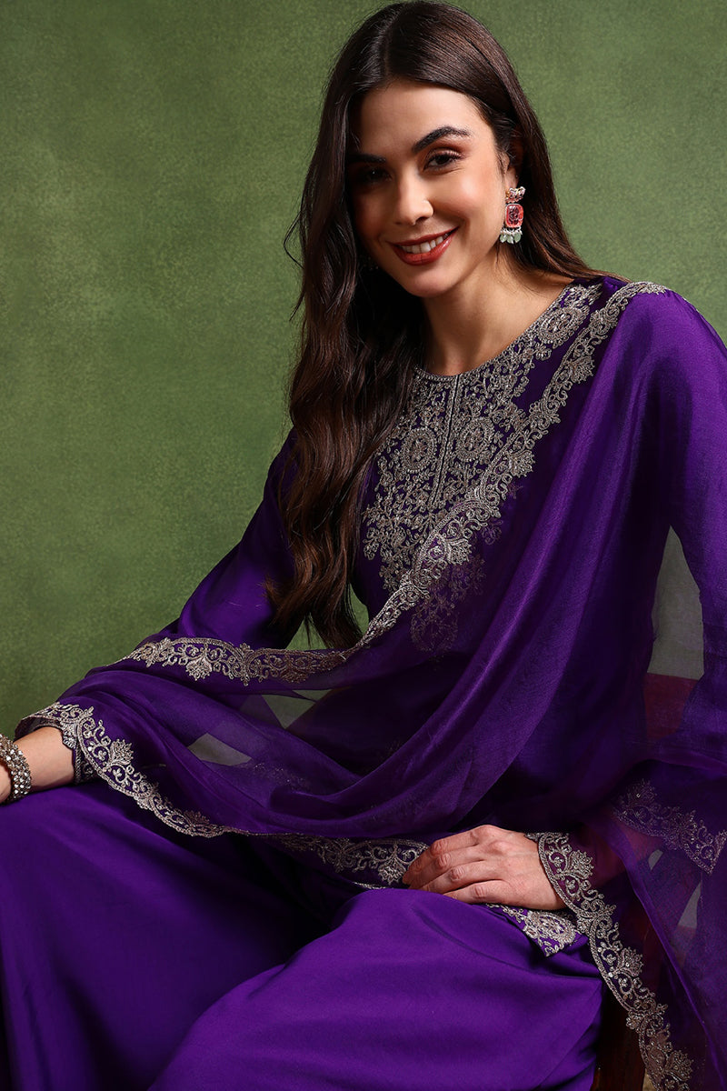 Purple Silk Blend Solid Embroidered Straight Palazzo Suit Set PKSKD2706