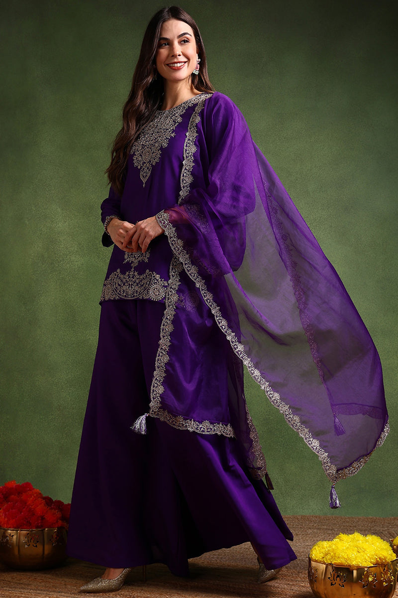 Purple Silk Blend Solid Embroidered Straight Palazzo Suit Set PKSKD2706