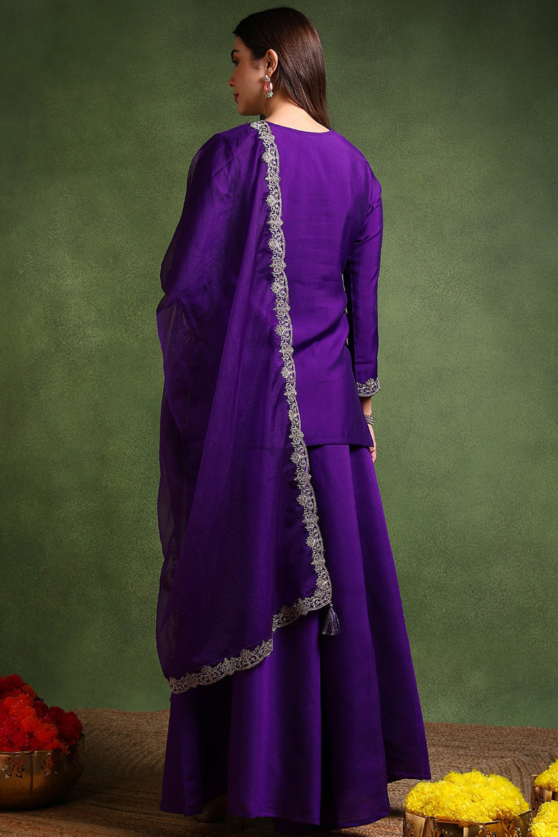 Purple Silk Blend Solid Embroidered Straight Palazzo Suit Set PKSKD2706