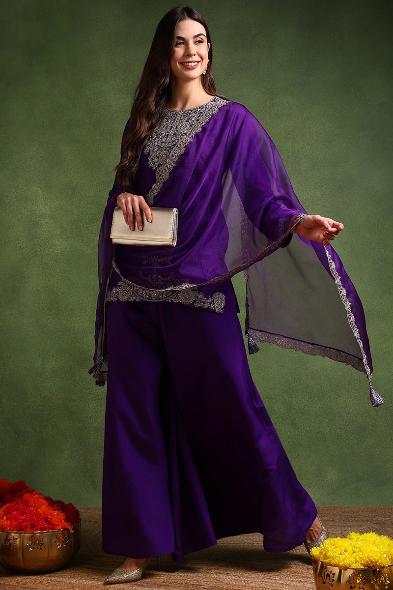 Purple Silk Blend Solid Embroidered Straight Palazzo Suit Set PKSKD2706