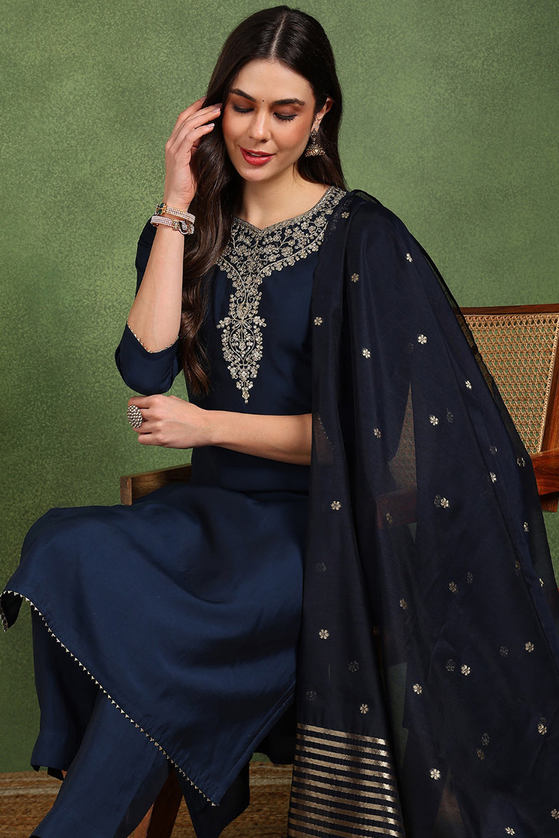 Navy Blue Silk Blend Solid Embroidered Straight Suit Set With Trouser Style Bottom PKSKD2718