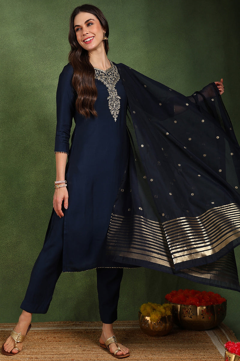 Navy Blue Silk Blend Solid Embroidered Straight Suit Set With Trouser Style Bottom PKSKD2718