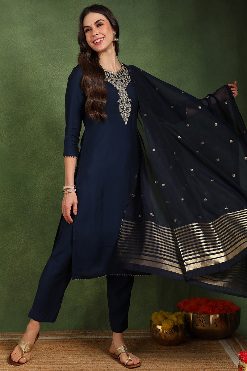 Navy Blue Silk Blend Solid Embroidered Straight Suit Set With Trouser Style Bottom PKSKD2718