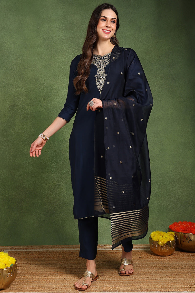 Navy Blue Silk Blend Solid Embroidered Straight Suit Set With Trouser Style Bottom PKSKD2718