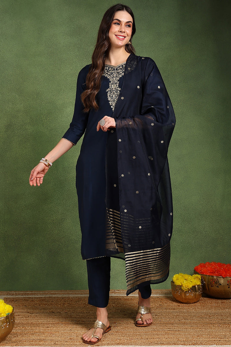 Navy Blue Silk Blend Solid Embroidered Straight Suit Set With Trouser Style Bottom PKSKD2718