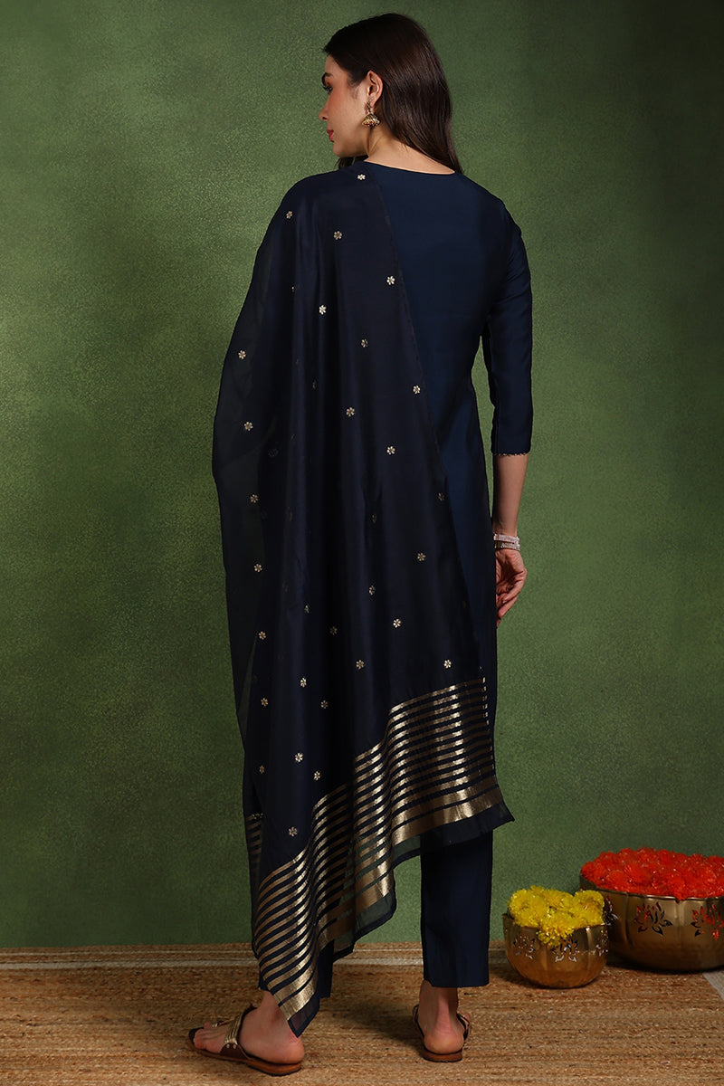 Navy Blue Silk Blend Solid Embroidered Straight Suit Set With Trouser Style Bottom PKSKD2718