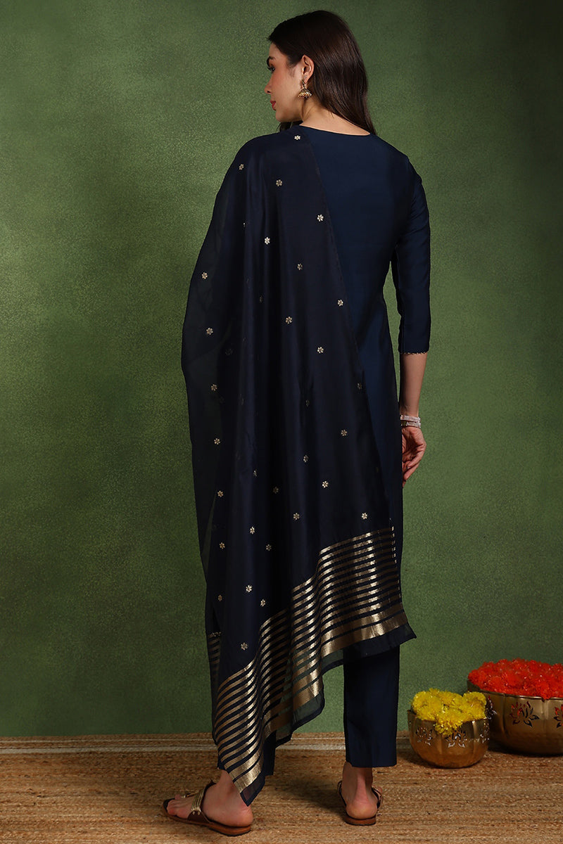 Navy Blue Silk Blend Solid Embroidered Straight Suit Set With Trouser Style Bottom PKSKD2718