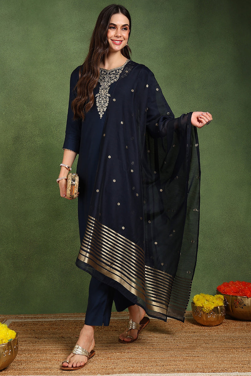 Navy Blue Silk Blend Solid Embroidered Straight Suit Set With Trouser Style Bottom PKSKD2718