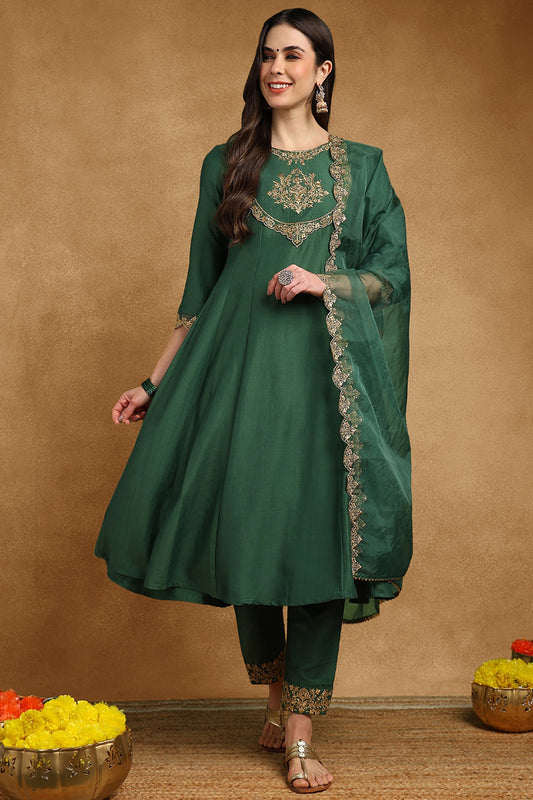 Green Silk Blend Solid Embroidered Anarkali Suit Set PKSKD2733