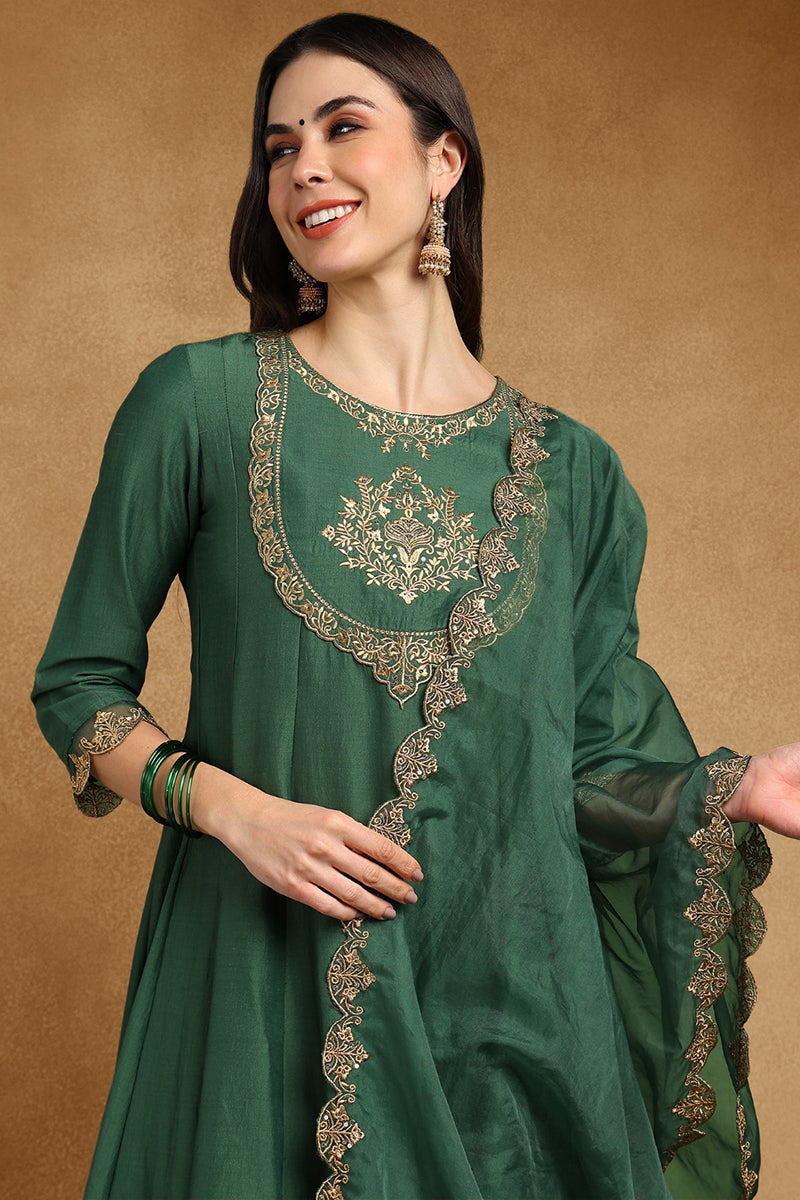 Green Silk Blend Solid Embroidered Anarkali Suit Set PKSKD2733