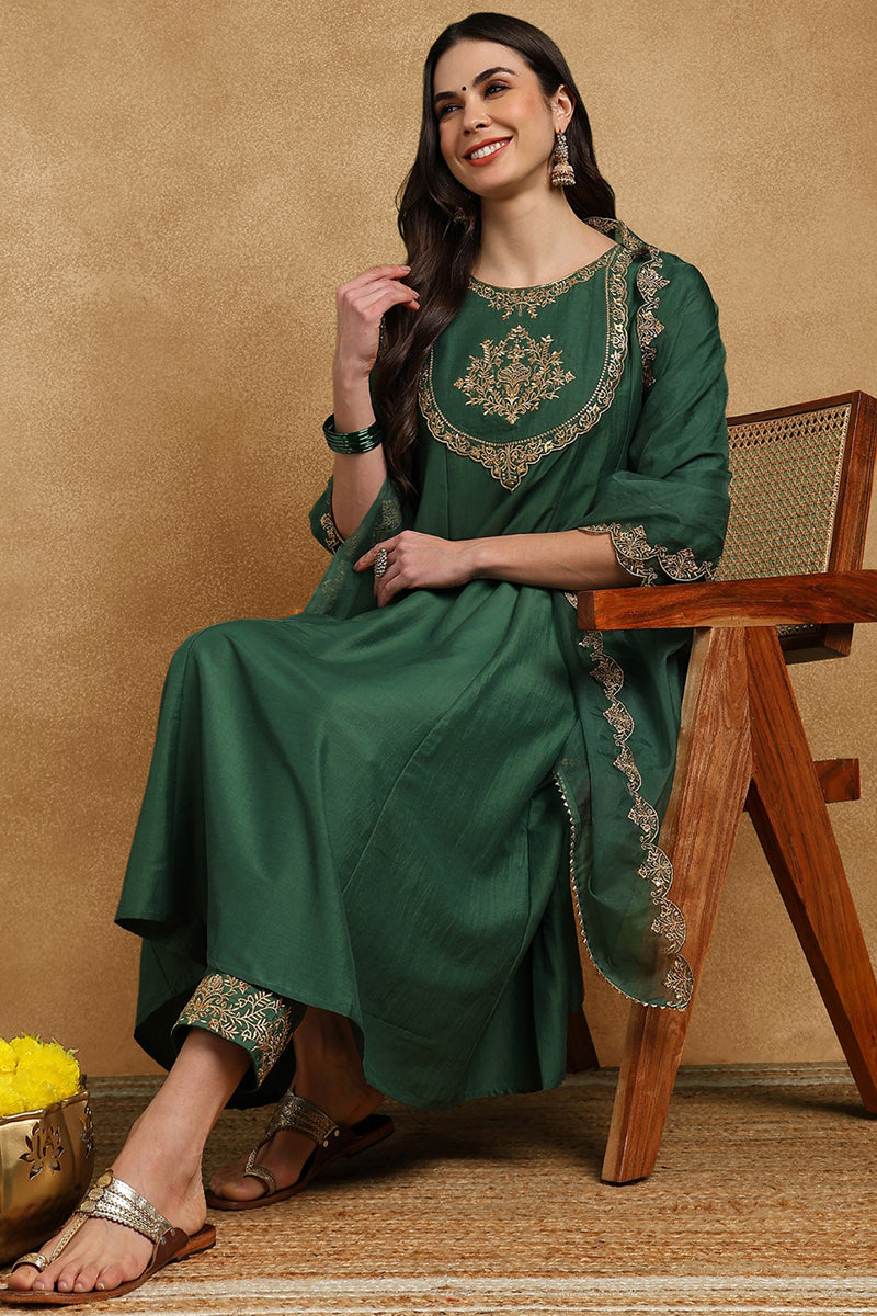 Green Silk Blend Solid Embroidered Anarkali Suit Set PKSKD2733