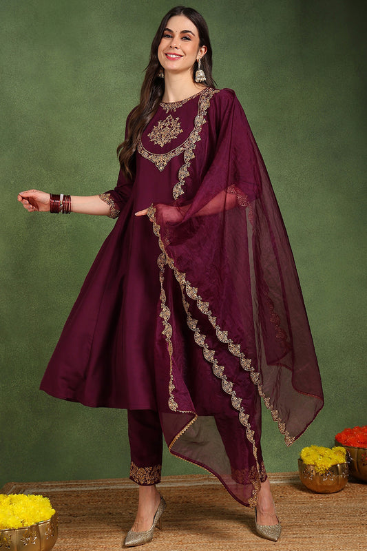 Burgundy Silk Blend Solid Embroidered Anarkali Suit Set With Trouser Style Bottom PKSKD2734