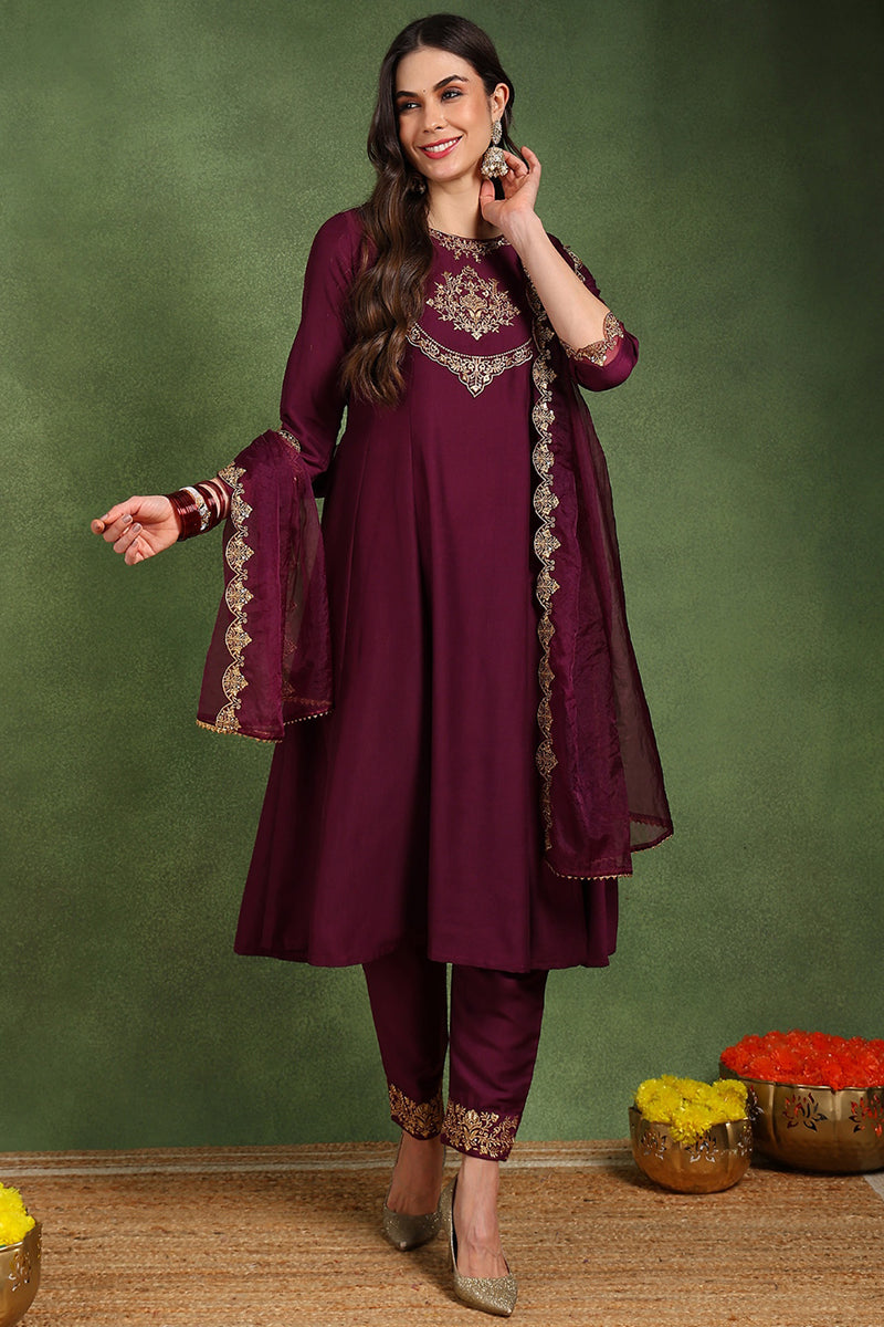 Burgundy Silk Blend Solid Embroidered Anarkali Suit Set With Trouser Style Bottom PKSKD2734