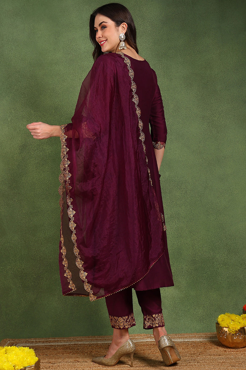 Burgundy Silk Blend Solid Embroidered Anarkali Suit Set With Trouser Style Bottom PKSKD2734