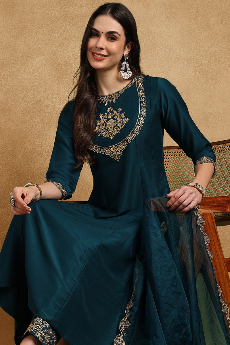 Teal Blue Silk Blend Solid Embroidered Anarkali Suit Set PKSKD2735