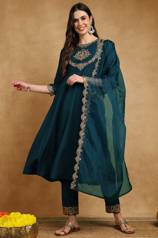 Teal Blue Silk Blend Solid Embroidered Anarkali Suit Set PKSKD2735