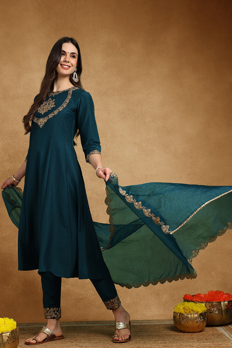 Teal Blue Silk Blend Solid Embroidered Anarkali Suit Set PKSKD2735