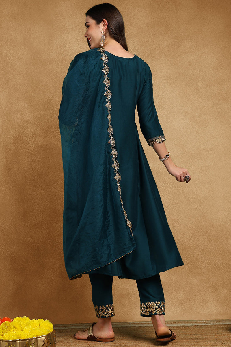 Teal Blue Silk Blend Solid Embroidered Anarkali Suit Set PKSKD2735