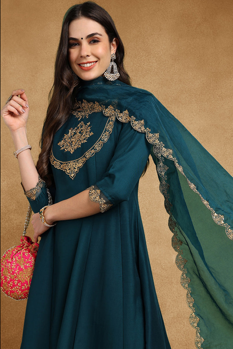 Teal Blue Silk Blend Solid Embroidered Anarkali Suit Set PKSKD2735