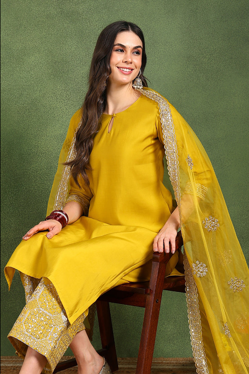 Yellow Silk Blend Solid Straight Suit Set With Palazzo Style Bottom PKSKD2742