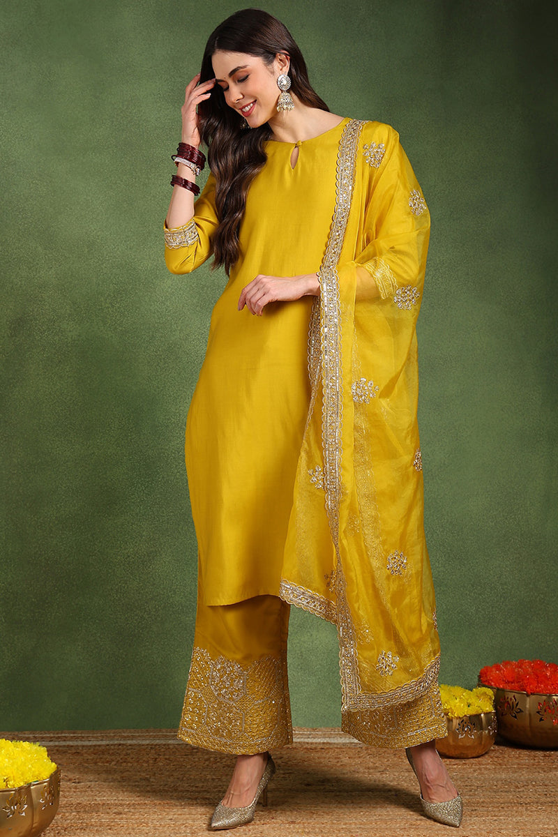 Yellow Silk Blend Solid Straight Suit Set With Palazzo Style Bottom PKSKD2742