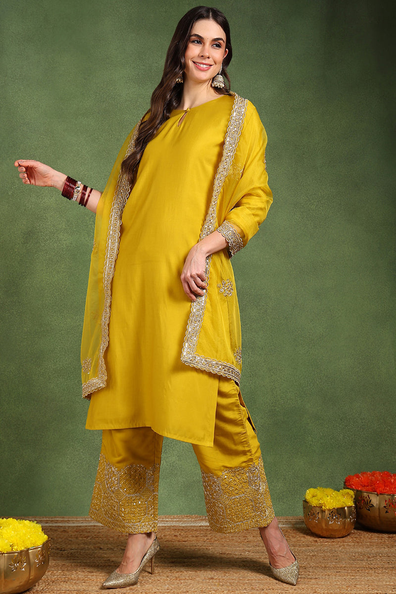 Yellow Silk Blend Solid Straight Suit Set With Palazzo Style Bottom PKSKD2742