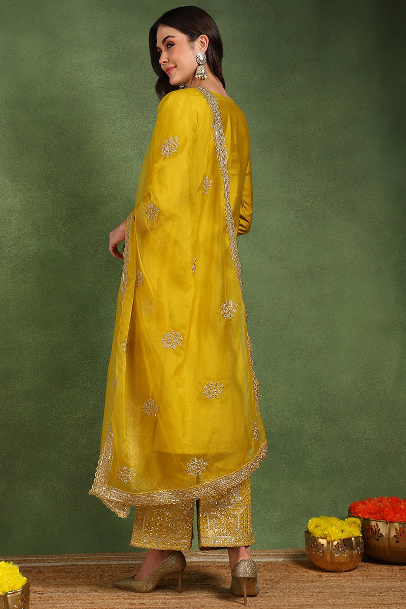 Yellow Silk Blend Solid Straight Suit Set With Palazzo Style Bottom PKSKD2742