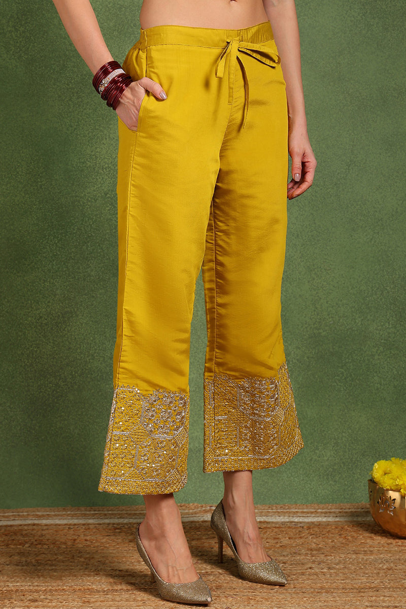 Yellow Silk Blend Solid Straight Suit Set With Palazzo Style Bottom PKSKD2742