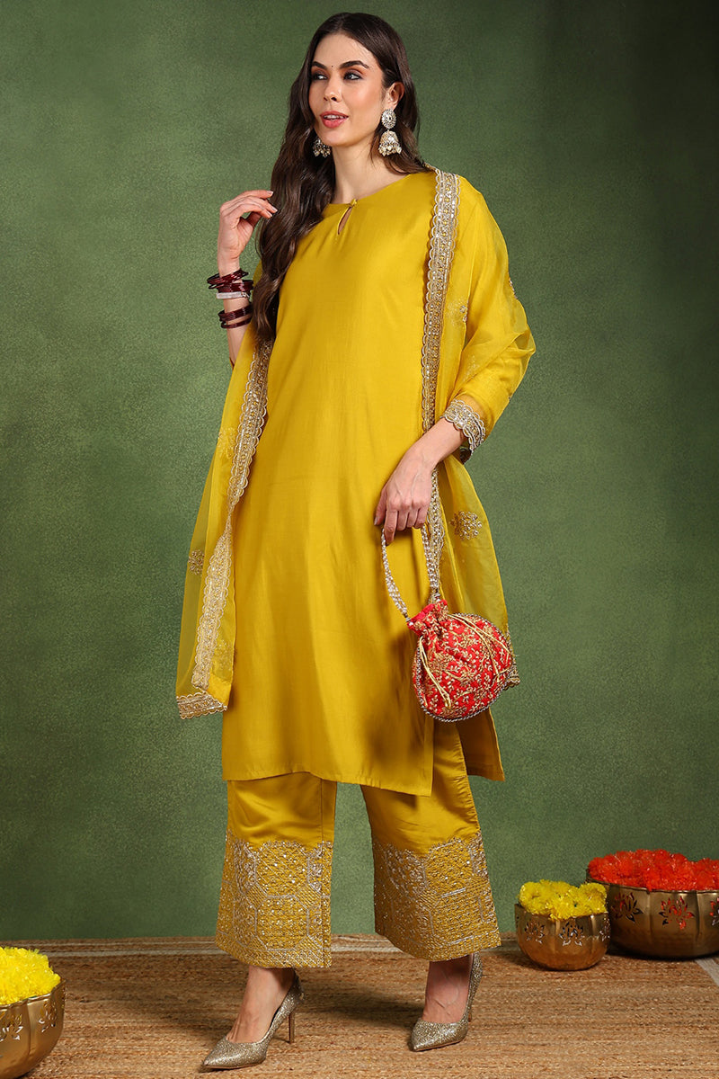 Yellow Silk Blend Solid Straight Suit Set With Palazzo Style Bottom PKSKD2742