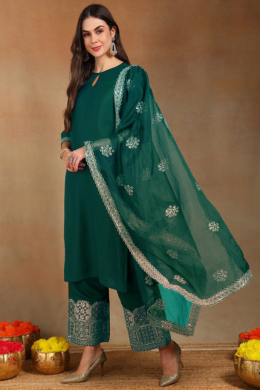 Teal Green Silk Blend Solid Straight Festive Palazzo Suit Set PKSKD2743