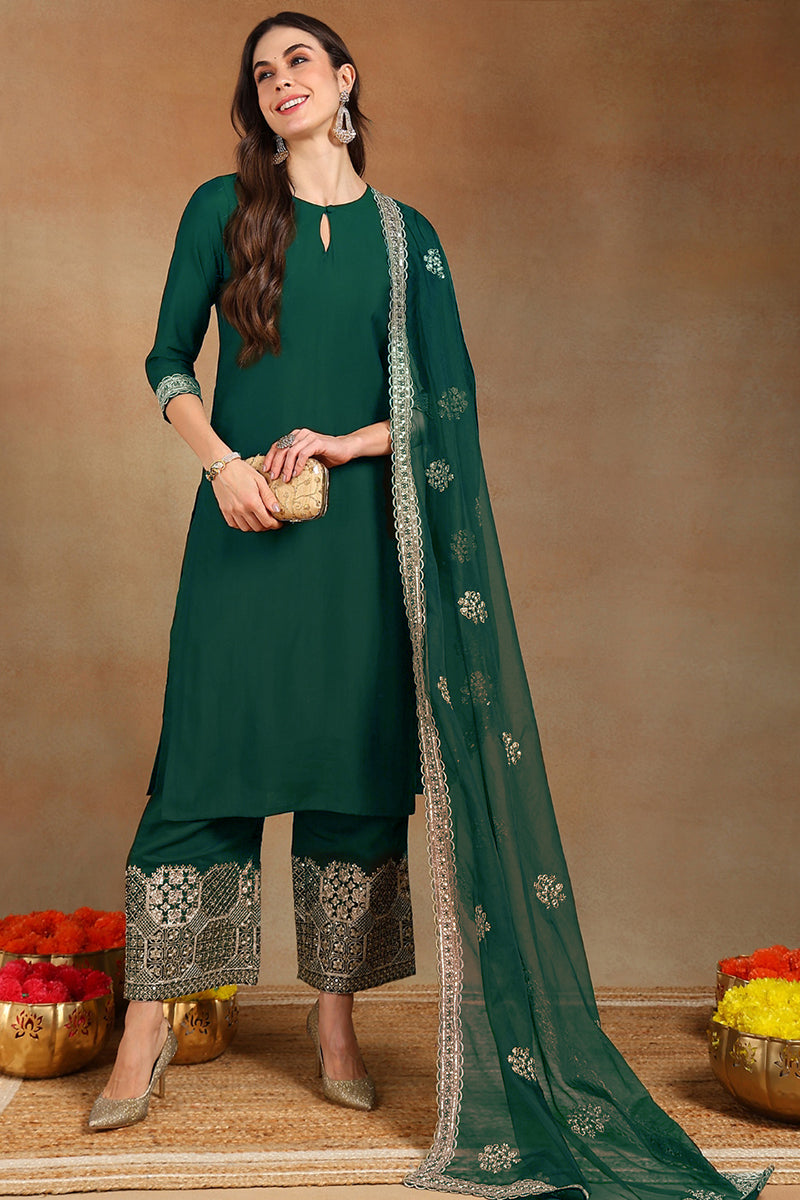 Teal Green Silk Blend Solid Straight Festive Suit Set PKSKD2743