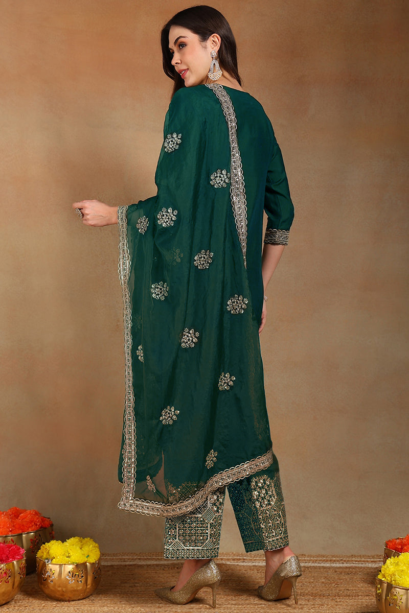 Teal Green Silk Blend Solid Straight Festive Suit Set PKSKD2743