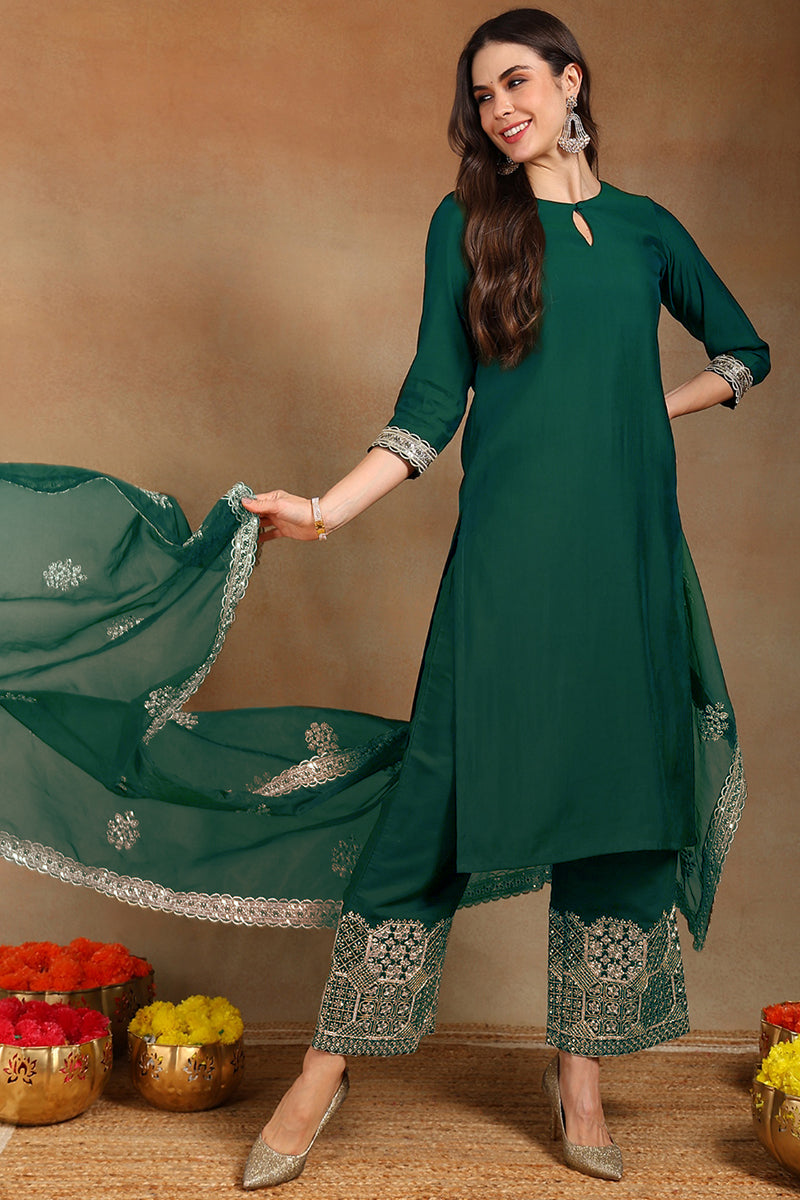 Teal Green Silk Blend Solid Straight Festive Suit Set PKSKD2743