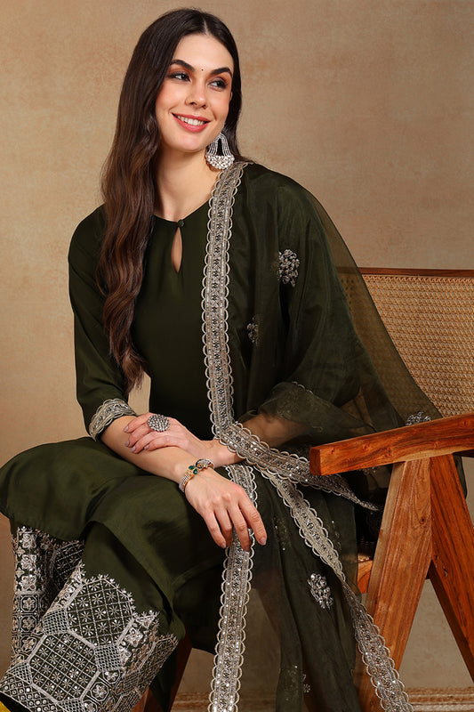 Olive Green Silk Blend Solid Straight Suit Set PKSKD2744