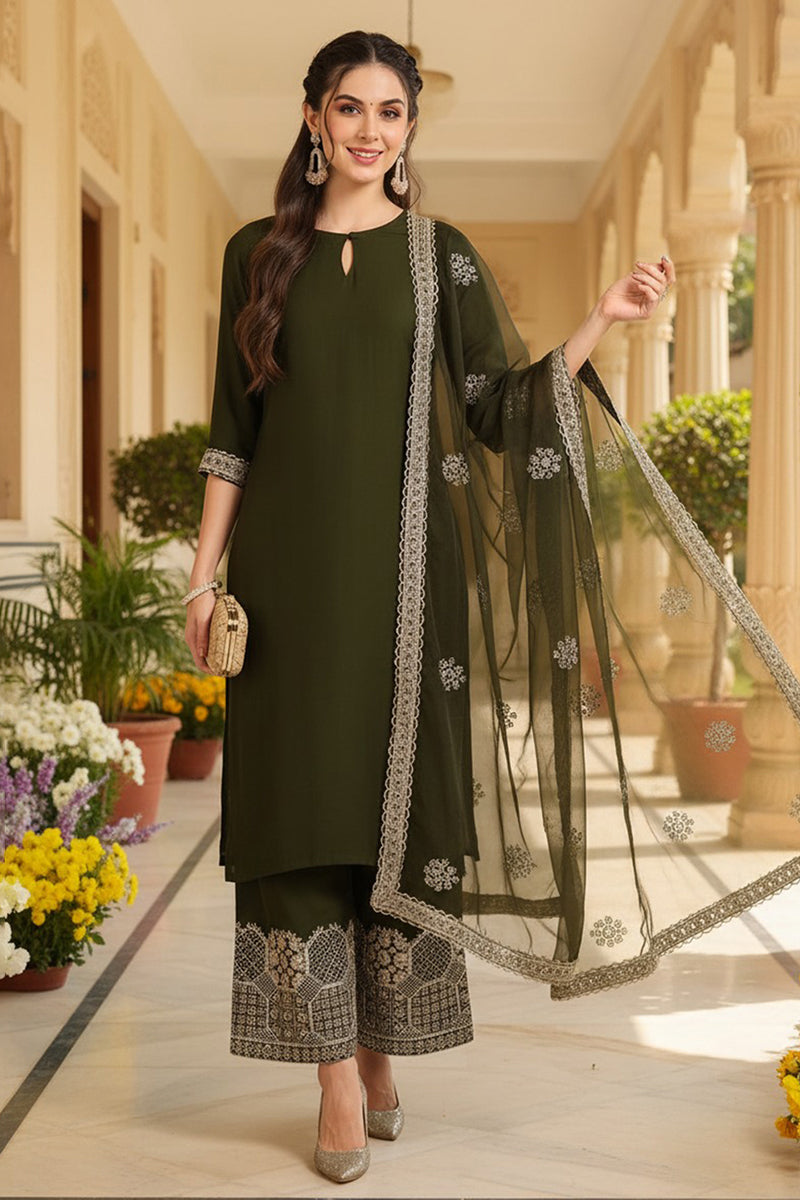 Olive Green Silk Blend Solid Straight Suit Set PKSKD2744