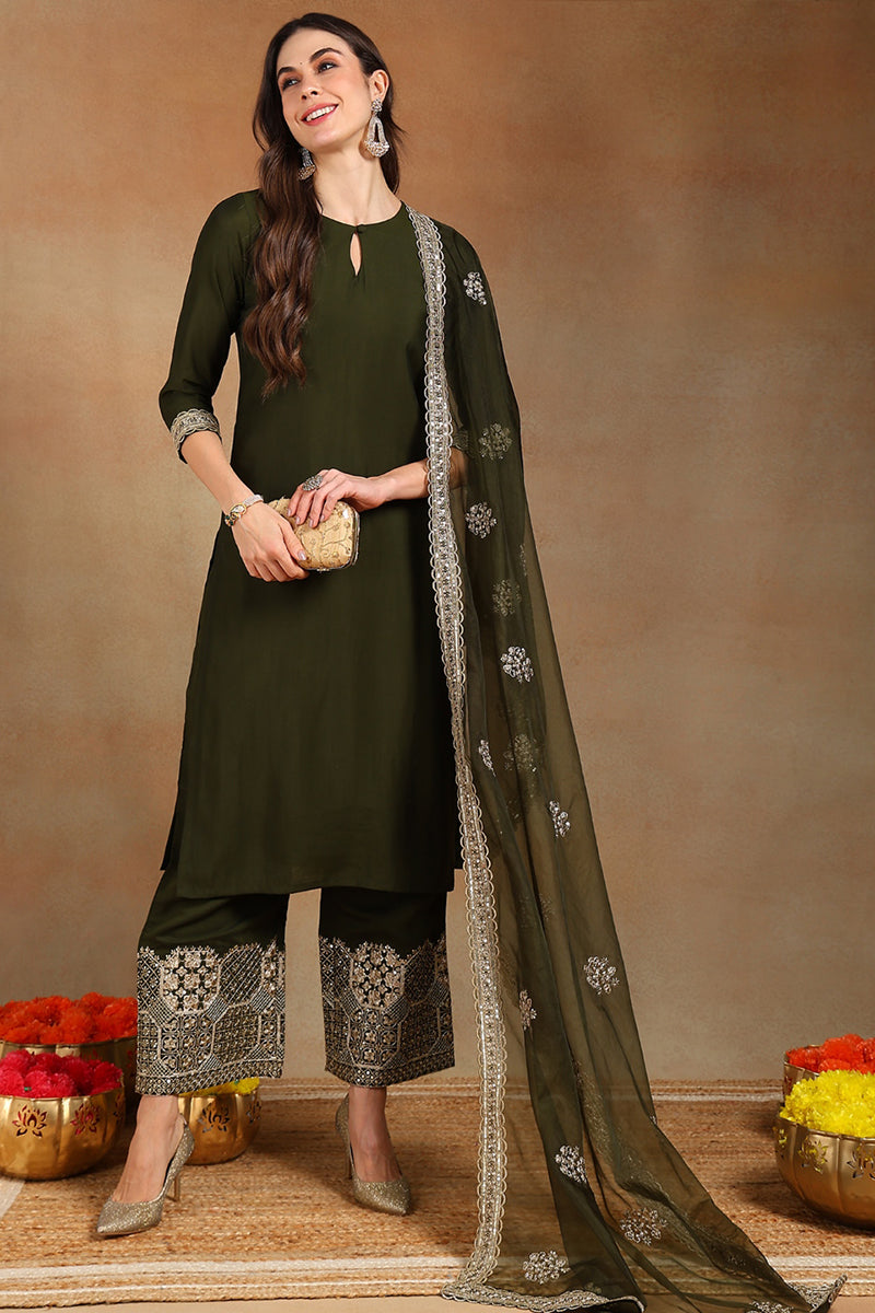 Olive Green Silk Blend Solid Straight Suit Set PKSKD2744