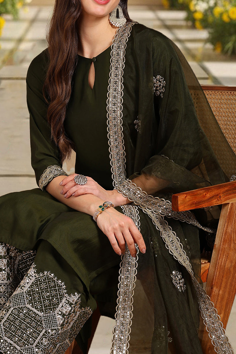 Olive Green Silk Blend Solid Straight Suit Set PKSKD2744