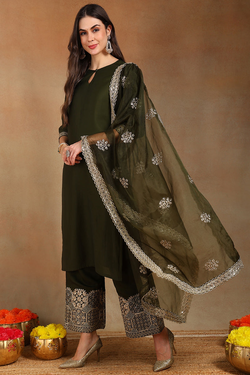 Olive Green Silk Blend Solid Straight Suit Set PKSKD2744