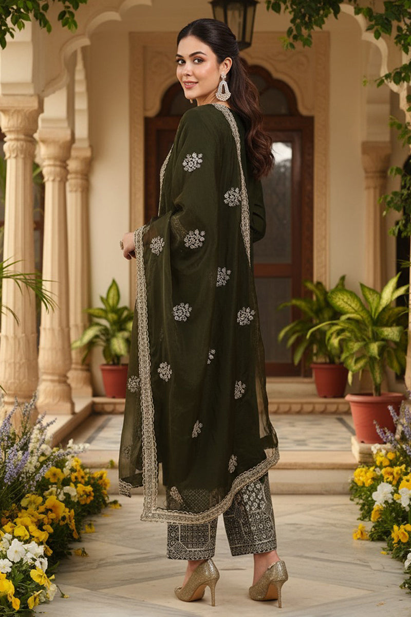Olive Green Silk Blend Solid Straight Suit Set PKSKD2744