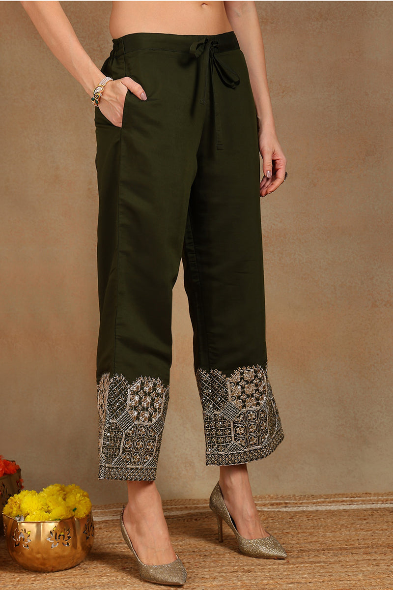 Olive Green Silk Blend Solid Straight Suit Set PKSKD2744