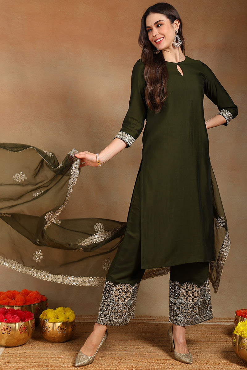 Olive Green Silk Blend Solid Straight Suit Set PKSKD2744