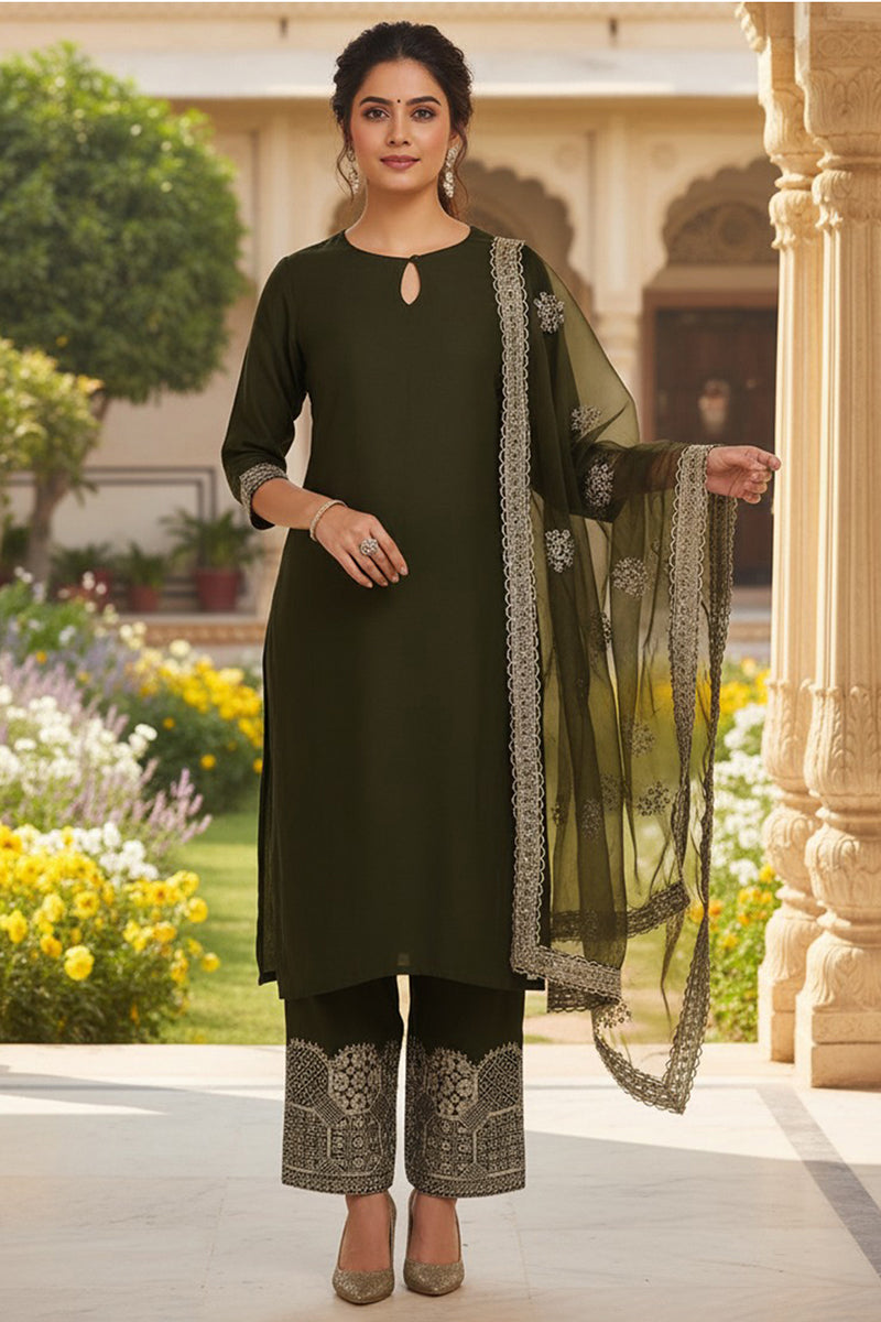 Olive Green Silk Blend Solid Straight Suit Set PKSKD2744