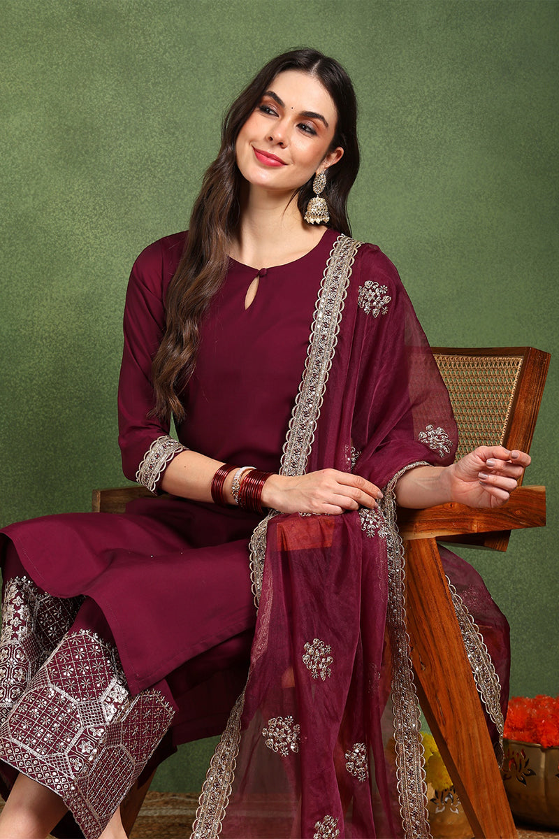 Burgundy Silk Blend Solid Straight Suit Set With Palazzo Style Bottom PKSKD2745