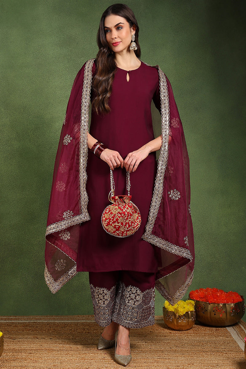 Burgundy Silk Blend Solid Straight Suit Set With Palazzo Style Bottom PKSKD2745